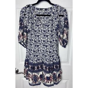 Rhapsody Women’s Navy Elephant Print Cold Shoulder Dress Boho Size XXS